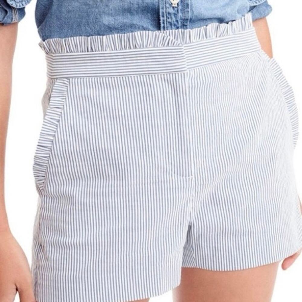 J. Crew Pinstripe Blue & White Seersucker Preppy Ruffle Detail Summer Shorts- 10